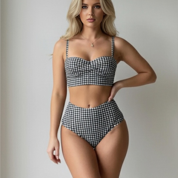 Gingham Twist Push Up Bra & High Waisted Bottom Bikini Blk/Wht - Picture 1 of 5